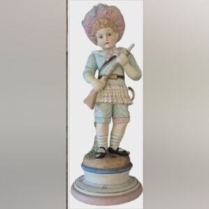 Vintage French Bisque Porcelain Little Boy With Gun Figurine 16" Large Rare